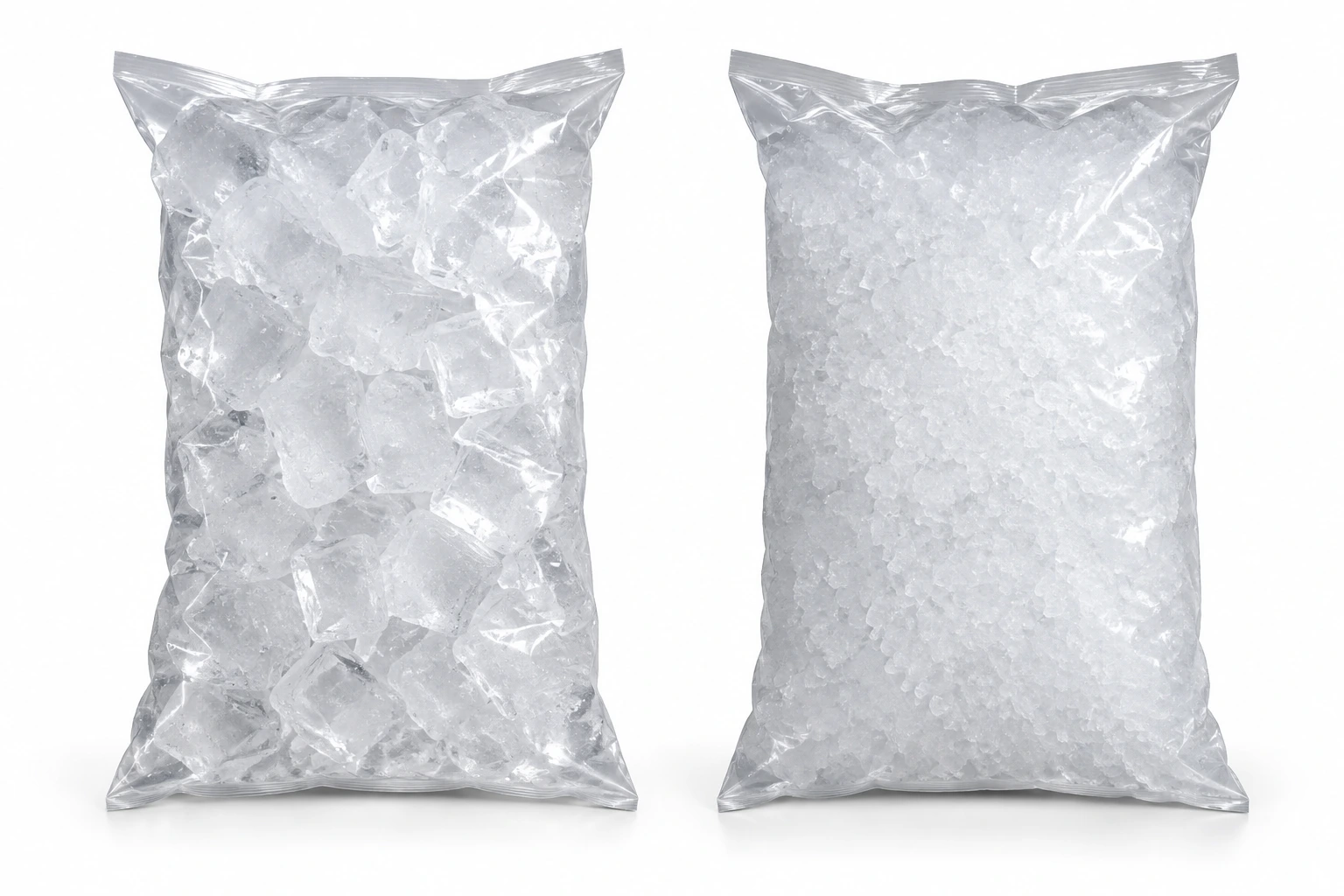 Zwei rechteckige, unbedruckte Eisbeutel: links Eiswürfel, rechts Crushed Ice